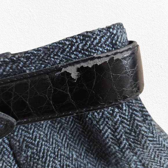 1990s Vintage Blue Gray Wool Blend Herringbone Front Button Wrap Skirt Size 10P - Picture 7 of 10